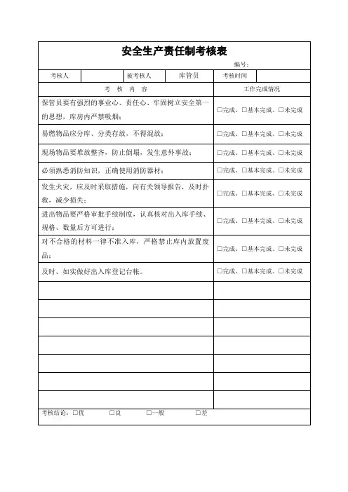 库管员安全生产责任制考核表