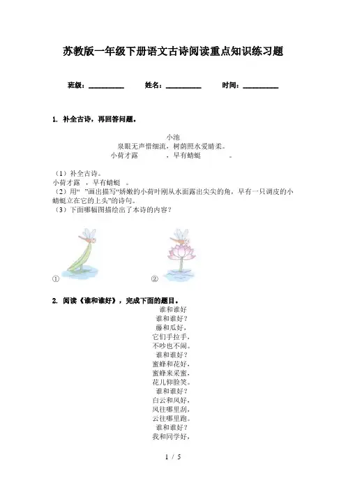 苏教版一年级下册语文古诗阅读重点知识练习题