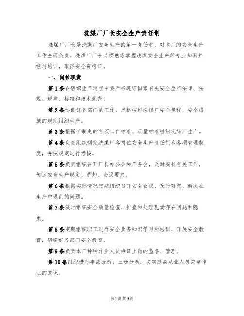 洗煤厂厂长安全生产责任制(5篇)