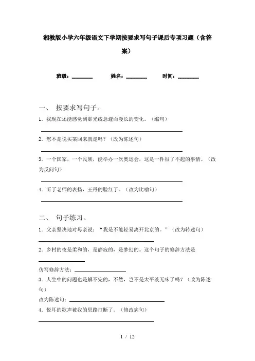 湘教版小学六年级语文下学期按要求写句子课后专项习题(含答案)