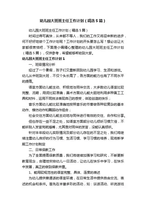 幼儿园大班班主任工作计划（精选5篇）
