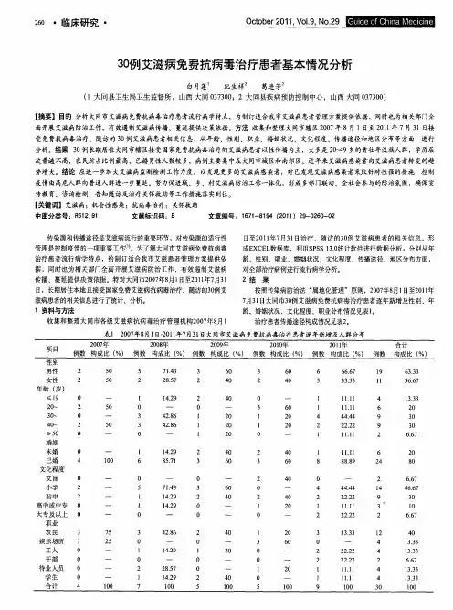 30例艾滋病免费抗病毒治疗患者基本情况分析