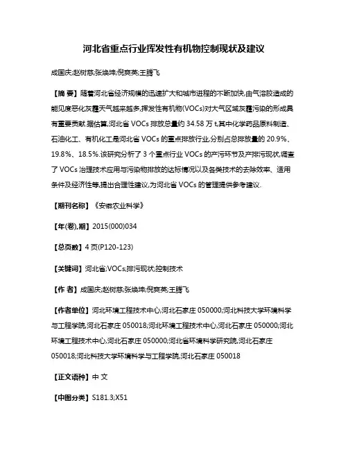 河北省重点行业挥发性有机物控制现状及建议