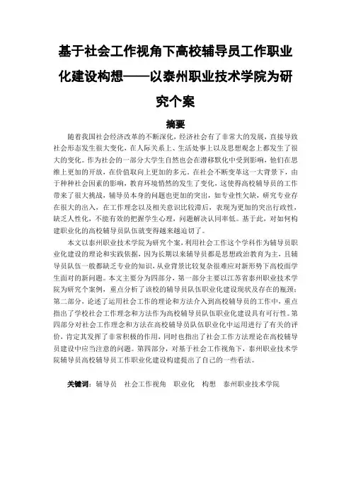 基于社会工作视角下高校辅导员工作职业化建设构想——以泰州职业技术学院为研究个案