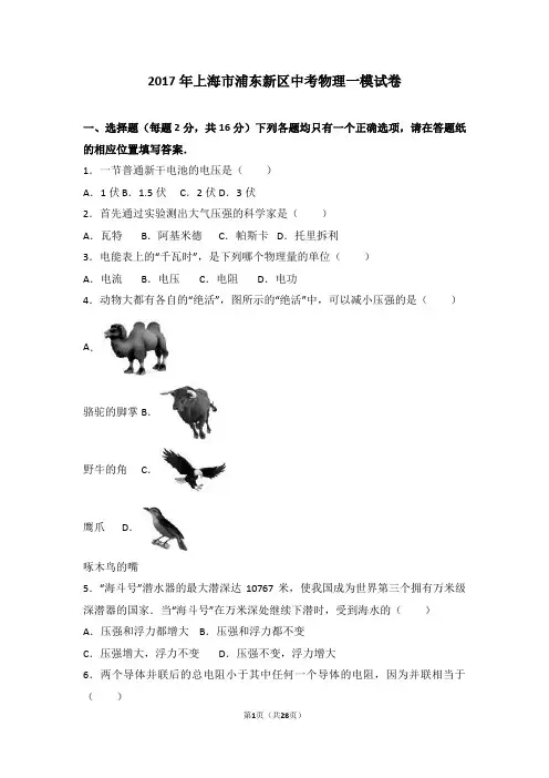 2017年上海市浦东新区中考物理一模试卷(解析版)