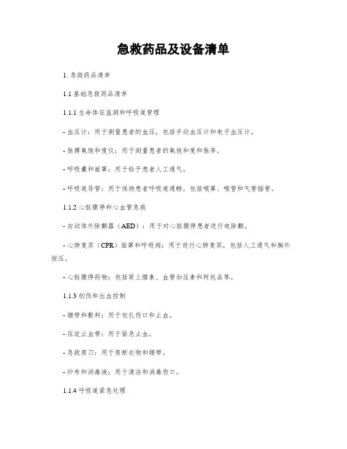 急救药品及设备清单