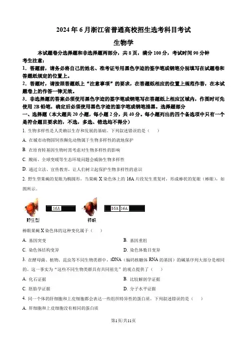 2024年6月浙江卷生物高考真题(原卷版)
