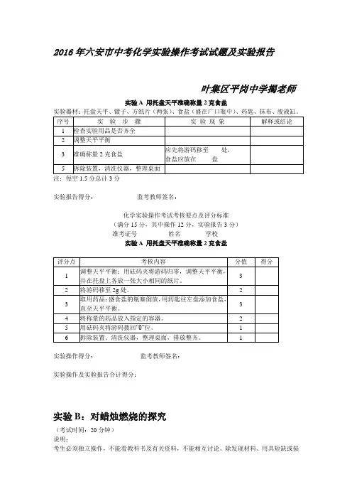 六安市中考化学实验操作考试试题及实验报告