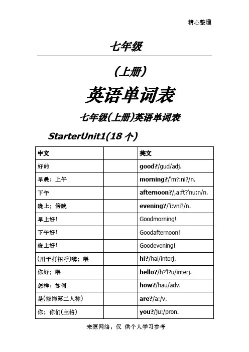 初中一年级上册英语单词(1)