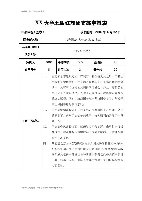 最新五四红旗团支部申报表填写范例