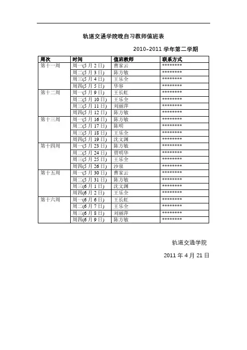 轨道交通学院晚自习教师值班表【模板】
