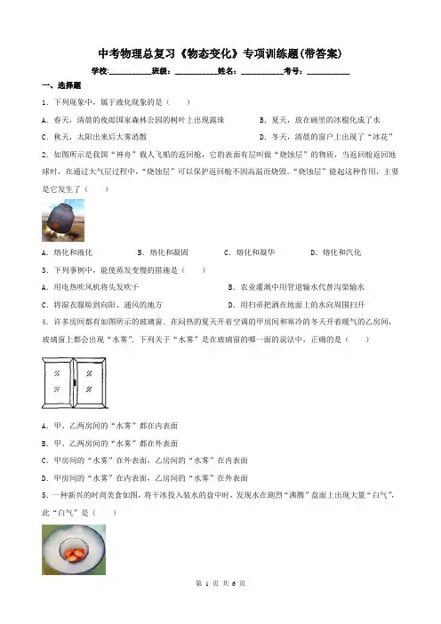中考物理总复习《物态变化》专项训练题(带答案)