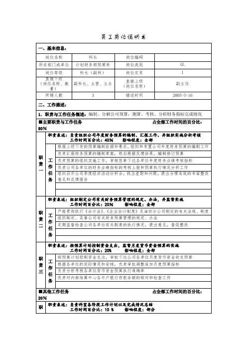 科长员工岗位说明书.doc