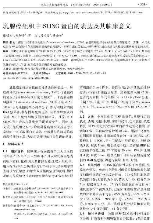 乳腺癌组织中sting蛋白的表达及其临床意义