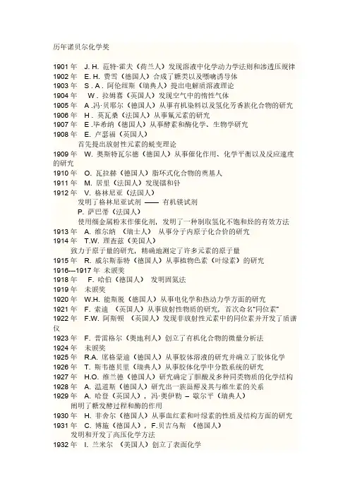 【免费下载】历年诺贝尔化学奖汇总
