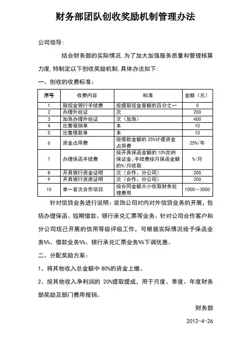 财务部团队创收奖励机制管理办法