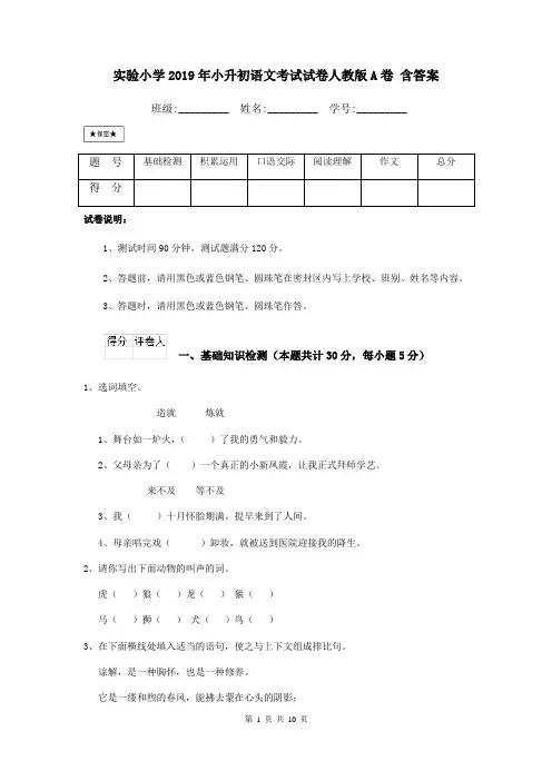 实验小学2019年小升初语文考试试卷人教版A卷 含答案