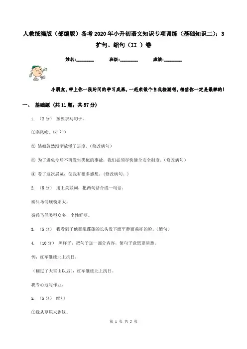 人教统编版(部编版)备考2020年小升初语文知识专项训练(基础知识二)：3   扩句、缩句(II )卷
