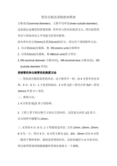 管径公制及英制的对照表