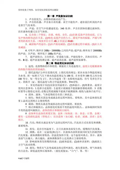初中物理知识点总结(精简版)教学提纲