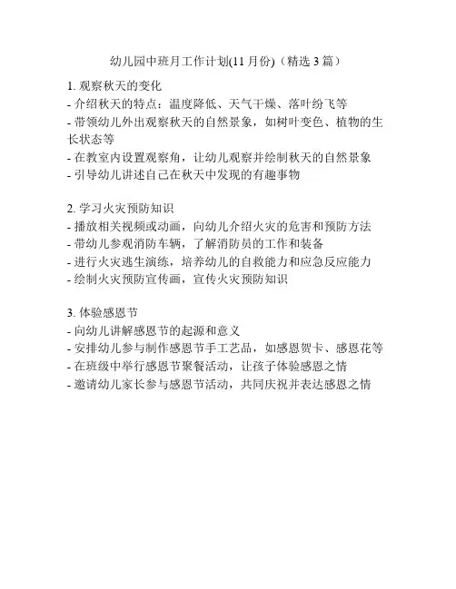 幼儿园中班月工作计划(11月份)(精选3篇)