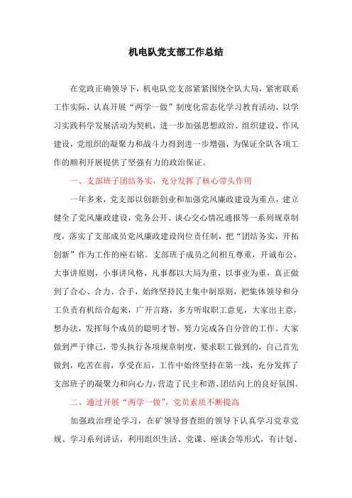 工作总结：机电队党支部工作总结