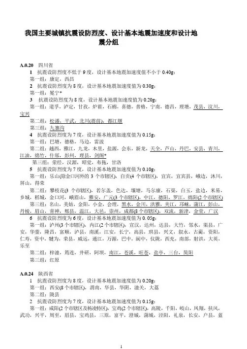 我国主要城镇抗震设防烈度、设计基本地震加速度和设计地震分组
