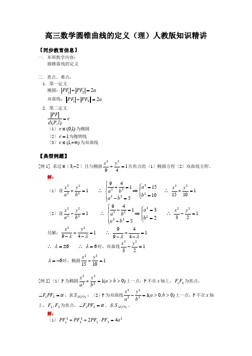 高三数学圆锥曲线的定义(理)人教版知识精讲