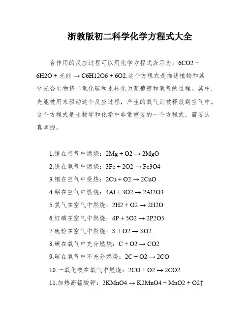 浙教版初二科学化学方程式大全
