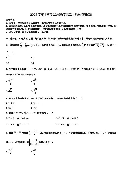 2024学年上海市12校数学高二上期末经典试题含解析