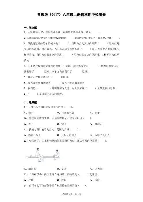 粤教版(2017)六年级上册科学期中检测卷(含答案)