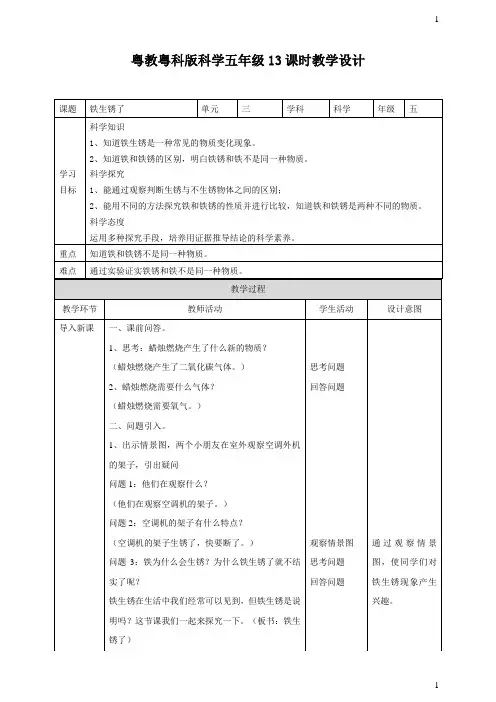 粤教粤科版小学科学新版五年级上册科学《铁生锈了》教案