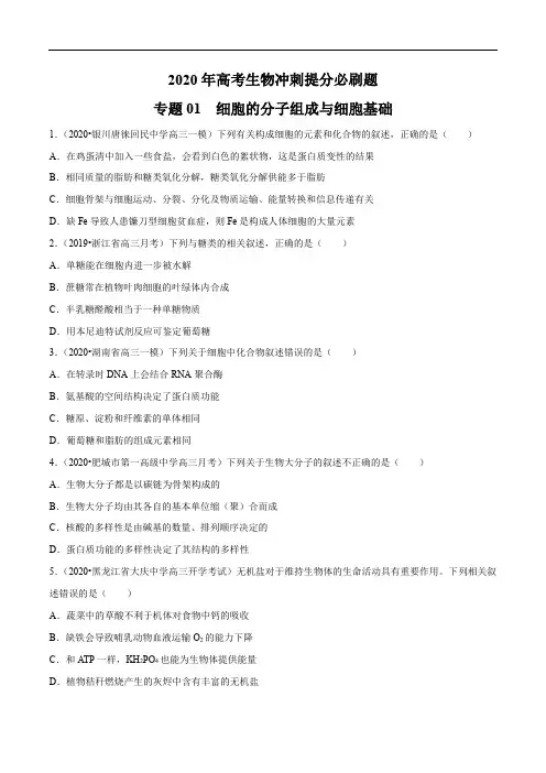 高中生物高考专题01 细胞的分子组成与细胞基础(原卷版)