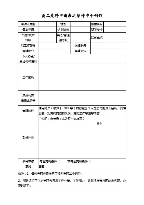 员工竞聘申请表