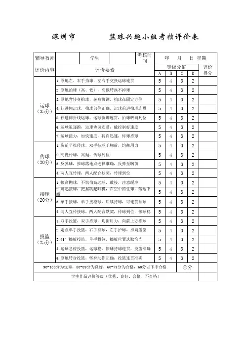篮球兴趣班考核评价表