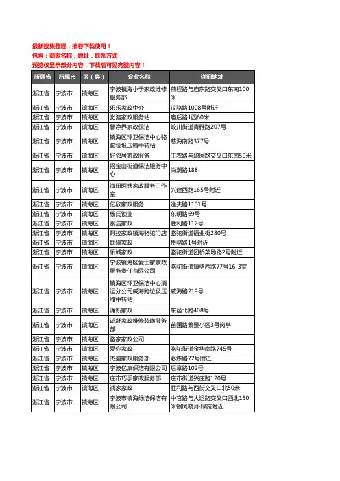 新版浙江省宁波市镇海区家政企业公司商家户名录单联系方式地址大全25家