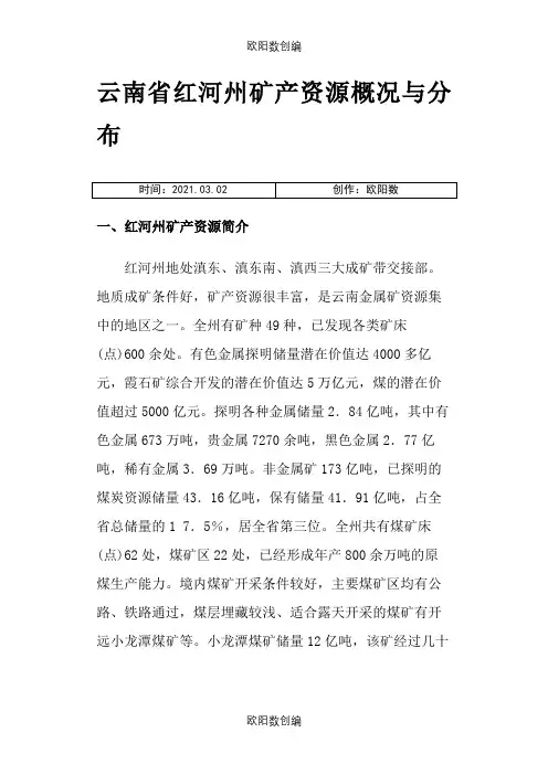 云南省红河州矿产资源概况与分布之欧阳数创编