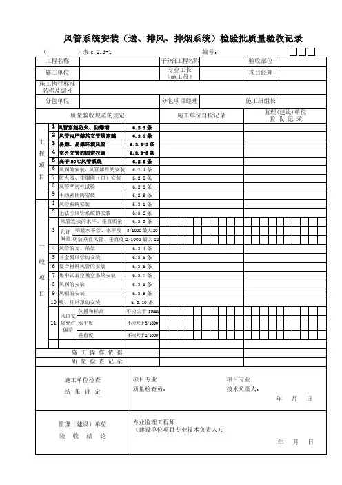 风管系统安装(送、排风、排烟系统)检验批质量验收记录表