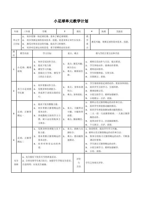 小足球单元教学计划 -完整获奖版