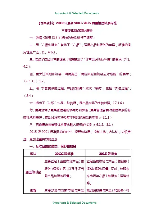 【Selected】2019年最新9001-2015质量管理体系标准主要变化特点对比解析.doc