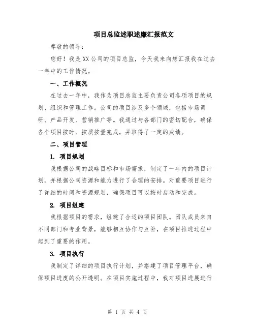 项目总监述职述廉汇报范文