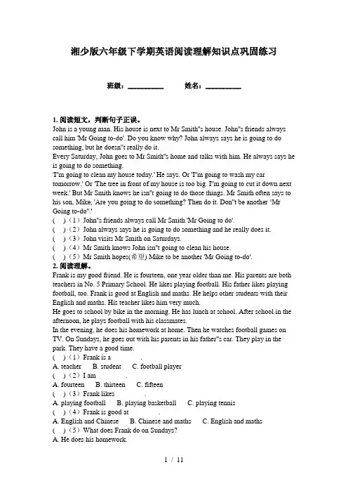 湘少版六年级下学期英语阅读理解知识点巩固练习