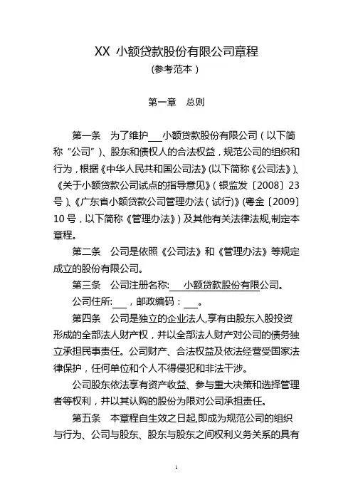 XX小额贷款股份有限公司章程