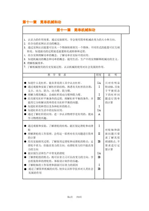 初中九年级物理 第十一章  简单机械和功 教案 (苏科版九年级)