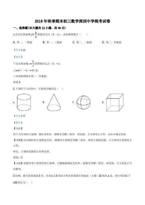 广东省深圳市深圳中学2019-2020学年九年级上学期期末数学试题(解析版)