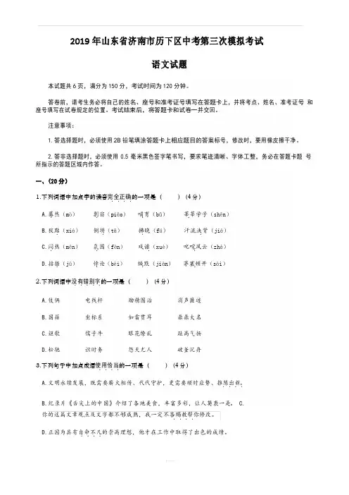 2019年山东省济南市历下区2019年中考第三次模拟考试语文试题含答案