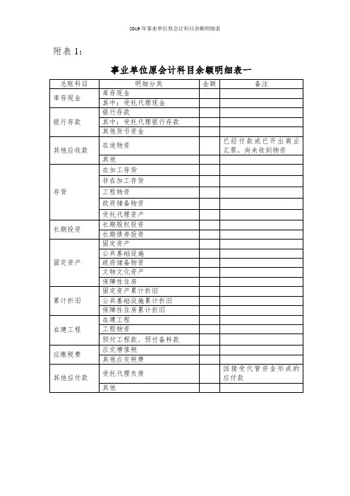 2019年事业单位原会计科目余额明细表