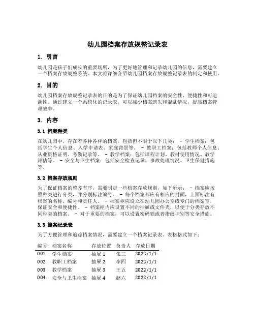 幼儿园档案存放规整记录表