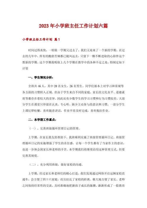 2023年小学班主任工作计划六篇