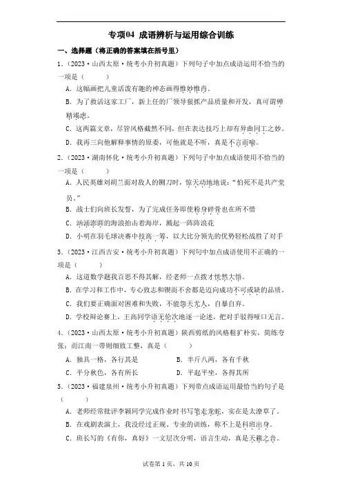 专题04-成语辨析与运用-2023-2024学年小升初语文备考真题分类汇编(统编版)